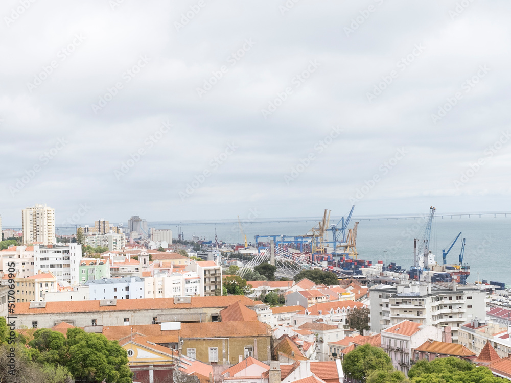 Port of the city and view of the Tagus River. Lisboa, Portugal. 