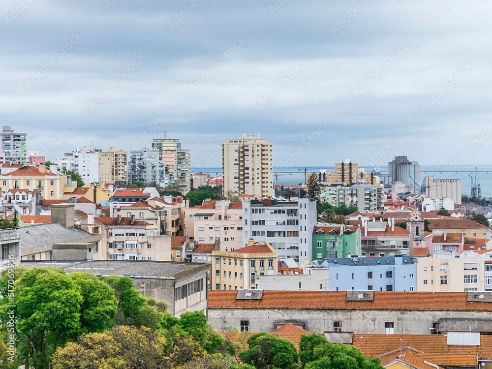 Lisboa, Portugal. April 9, 2022: Panoramic landscape of the Alfama neighborhood and its houses.