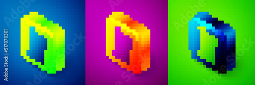 Isometric Harp icon isolated on blue, purple and green background. Classical music instrument, orhestra string acoustic element. Square button. Vector