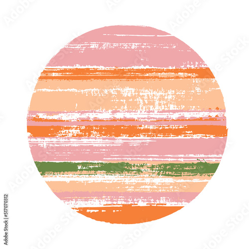 Rough circle vector geometric shape with stripes texture of paint horizontal lines. Planet concept with old paint texture. Stamp round shape logotype circle with grunge stripes background.