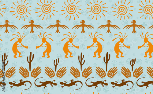 Kokopelli with flute, pangolin, hawk, sun symbol, hands and plant tribal vector seamless pattern.