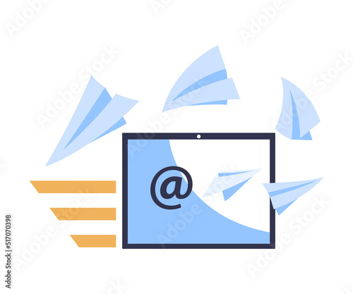 Tablet Screen with Paper Plane and Mail Sign as Promotion and Marketing Vector Illustration