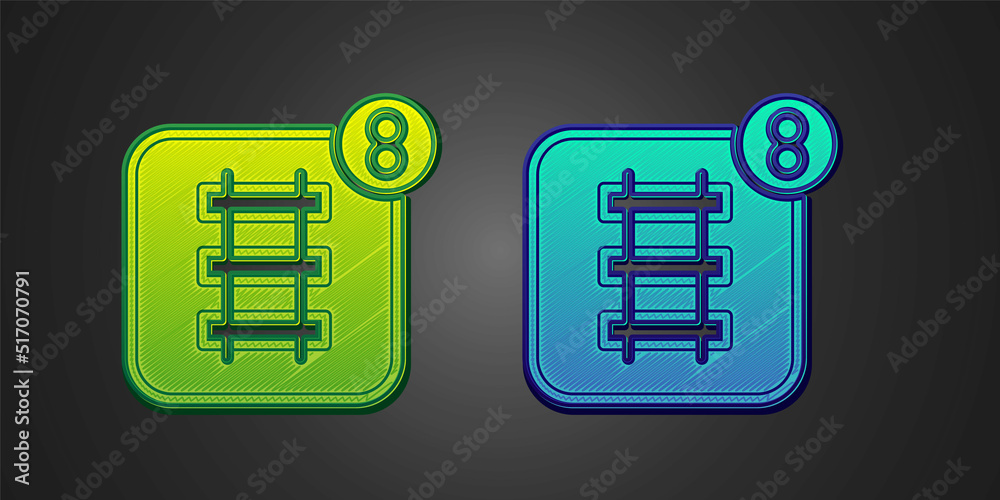 Green and blue Online ticket booking and buying app interface icon isolated on black background. E-tickets ordering. Electronic train ticket on screen. Vector Green and blue Online ticket booking and buying app interface icon isolated on black background. E-tickets ordering. Electronic train ticket on screen. Vector