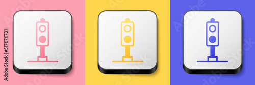 Isometric Train traffic light icon isolated on pink, yellow and blue background. Traffic lights for the railway to regulate the movement of trains. Square button. Vector