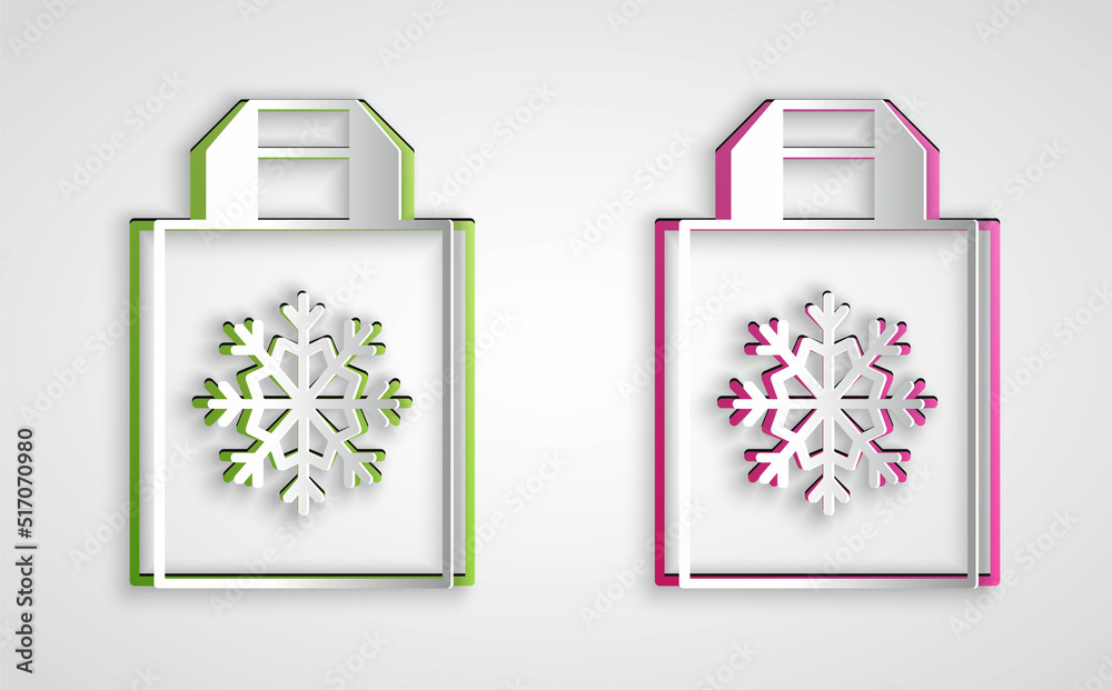 Paper cut Christmas paper shopping bag with snowflake icon isolated on grey background. Package sign. Merry Christmas and Happy New Year. Paper art style. Vector Paper cut Christmas paper shopping bag with snowflake icon isolated on grey background. Package sign. Merry Christmas and Happy New Year. Paper art style. Vector