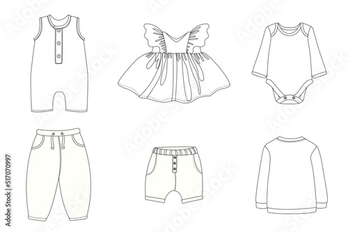 Set of children's clothes on a white background, vector mockups of children's clothes, dress for a girl, shorts for children, pants, overalls for a baby, bodysuit for a baby