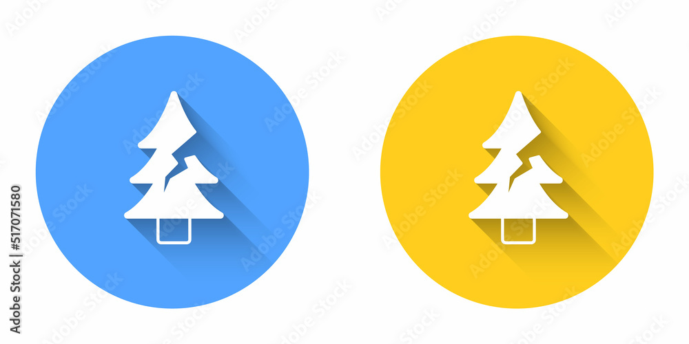 White Tree icon isolated with long shadow background. Forest symbol. Circle button. Vector White Tree icon isolated with long shadow background. Forest symbol. Circle button. Vector