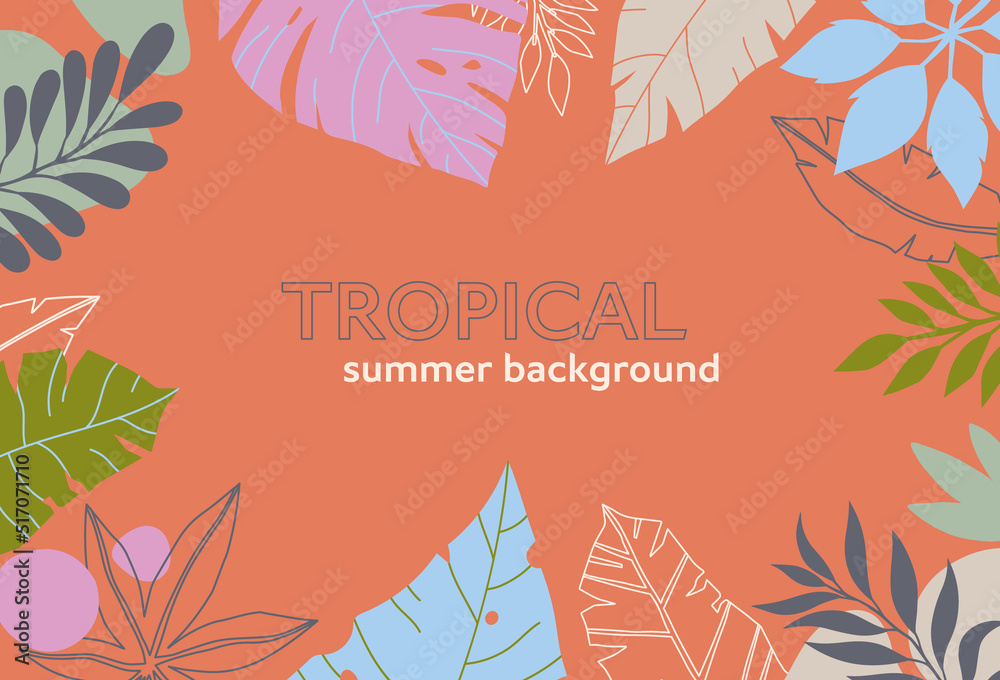 Summer vector illustration in trendy flat style with copy space for text.Abstract background with tropical leaves and plants.Exotic banner for covers,social media,posters,prints.Cover design template.