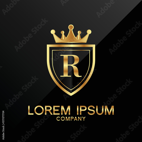 Letter R crest logo Alphabet logotype shield crown gold vector design