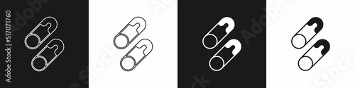 Set Classic closed steel safety pin icon isolated on black and white background. Vector
