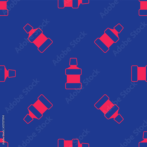 Red Mouthwash plastic bottle icon isolated seamless pattern on blue background. Liquid for rinsing mouth. Oralcare equipment. Vector