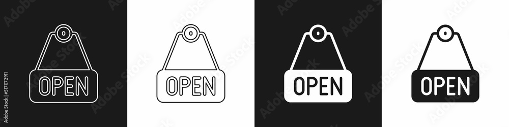 Set Hanging sign with text Open door icon isolated on black and white background. Vector