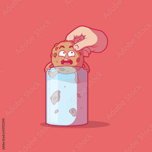 Scared Cookie in a glass of milk vector illustration. Food, funny, mascot design concept.