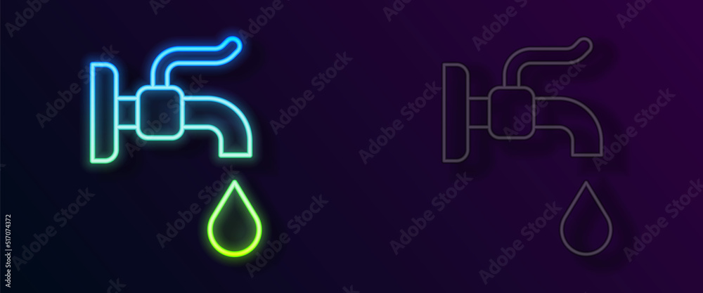 Glowing neon line Water tap icon isolated on black background. Vector Glowing neon line Water tap icon isolated on black background. Vector