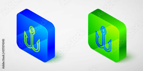 Isometric line Fishing hook icon isolated grey background. Fishing tackle. Blue and green square button. Vector © Iryna