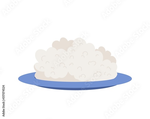 Cottage cheese on plate. Dairy products, natural and organic food. Protein and useful elements. Advertising poster or banner for website, social media sticker. Cartoon flat vector illustration