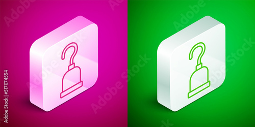 Isometric line Pirate hook icon isolated on pink and green background. Happy Halloween party. Silver square button. Vector