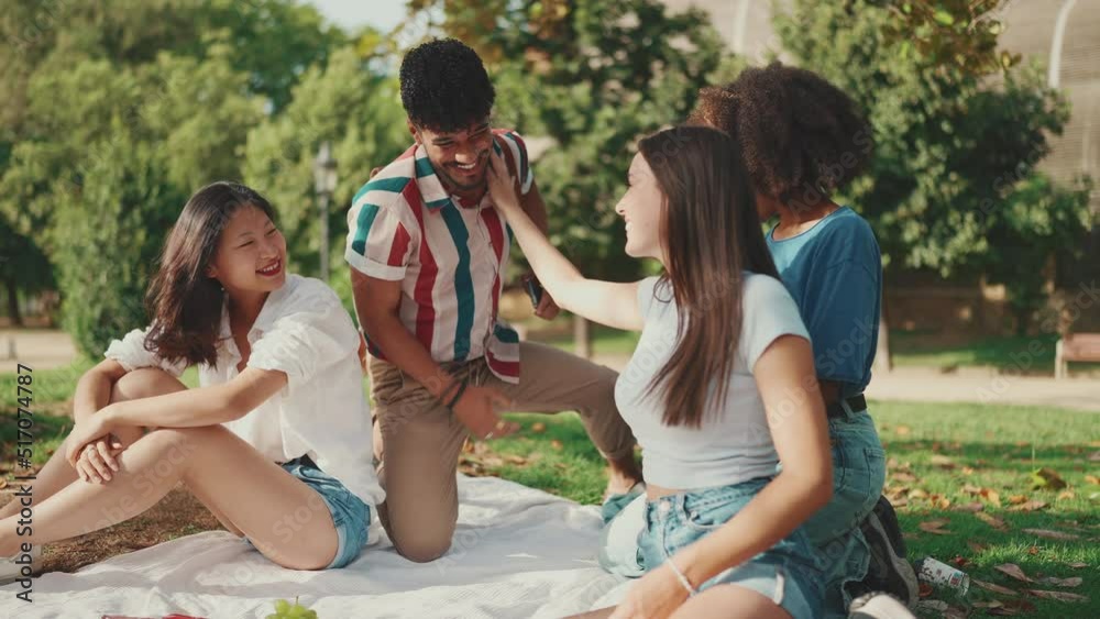 Happy smiling young multinational people at picnic on summer day outdoors. Guy arriving at picnic in the park, hugging, having fun spending the weekend together, relaxing Happy smiling young multinational people at picnic on summer day outdoors. Guy arriving at picnic in the park, hugging, having fun spending the weekend together, relaxing