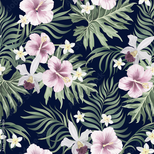  Tropical vector seamless background. Jungle pattern with exotic flowers and palm leaves. Stock vector. Summer vector vintage wallpaper. 