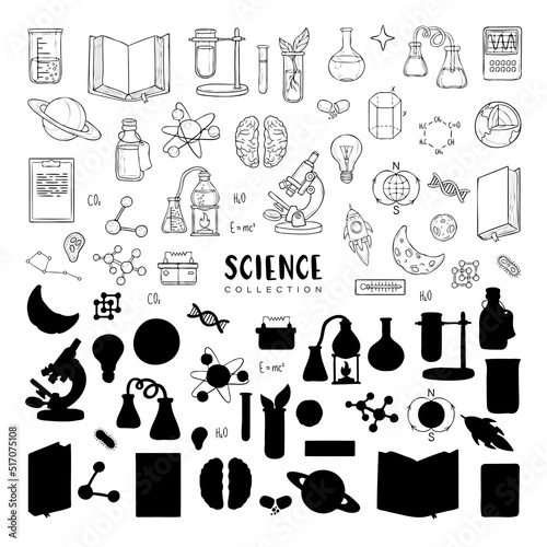 Vector set of sience and education elements, outlines and silhouettes isolated on white. Biology, chemistry, physics, astronomy. Back to shcool collection. Laboratory items. Medecine elements.  photo