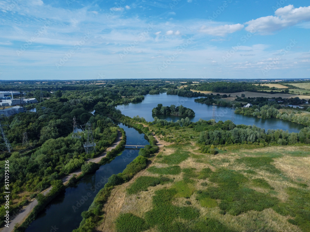 Aerial view of rivers and lakes in Hertfordshire UK