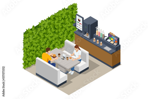 Isometric self-service coffee machines offer consistent quality coffee. Vending machine with coffee in the supermarket, Tables with chairs.