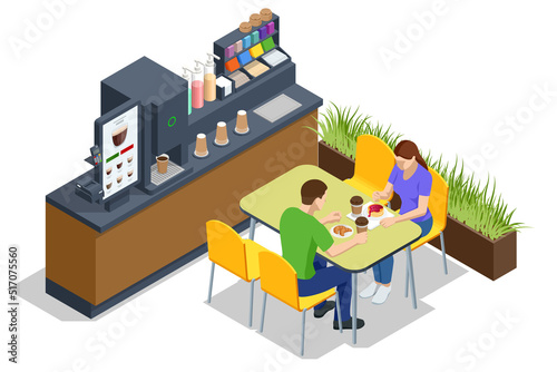 Isometric self-service coffee machines offer consistent quality coffee. Vending machine with coffee in the supermarket, Tables with chairs.