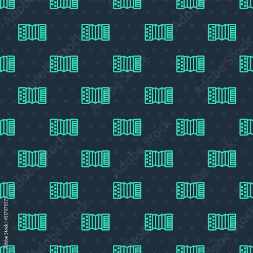 Green line Musical instrument accordion icon isolated seamless pattern on blue background. Classical bayan, harmonic. Vector