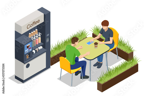 Isometric self-service coffee machines offer consistent quality coffee. Vending machine with coffee in the supermarket, Tables with chairs.