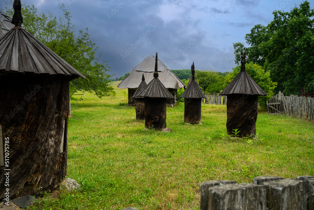 Old apiary. Slovenian apiary. Ukrainian traditional evidence. Ukraine beekeeping Old apiary. Slovenian apiary. Ukrainian traditional evidence. Ukraine beekeeping