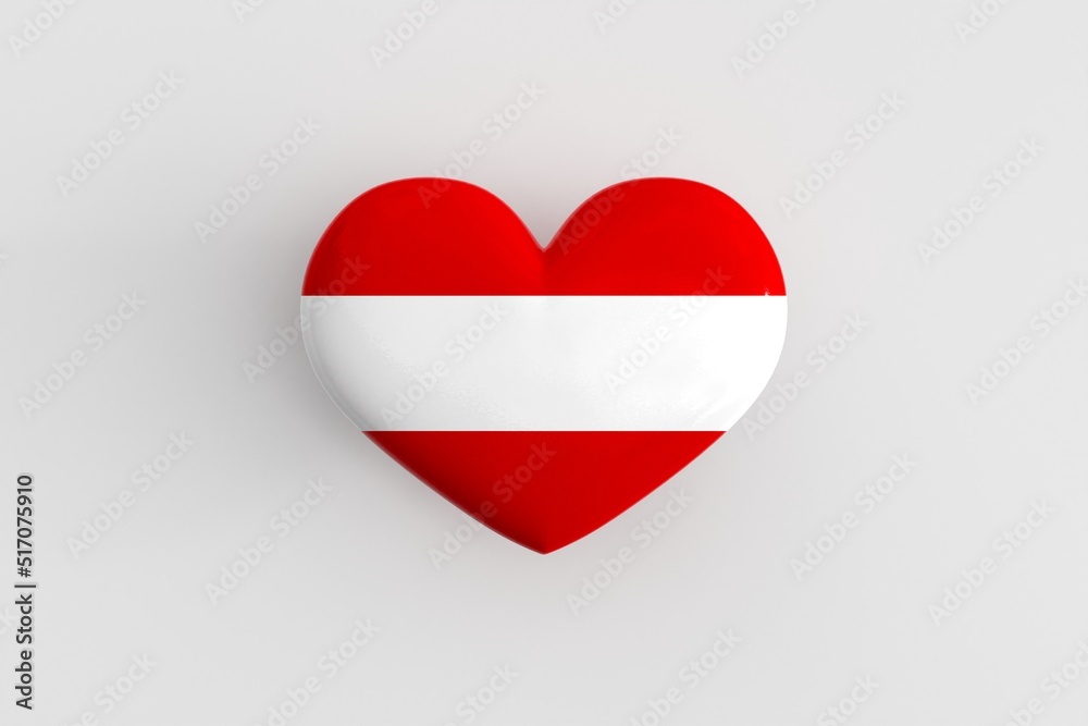 Austrian souvenir - a heart-shaped badge with the flag of Austria as a symbol of patriotism and pride in their country. State symbol of Austria on a glossy badge. 3D rendering Austrian souvenir - a heart-shaped badge with the flag of Austria as a symbol of patriotism and pride in their country. State symbol of Austria on a glossy badge. 3D rendering