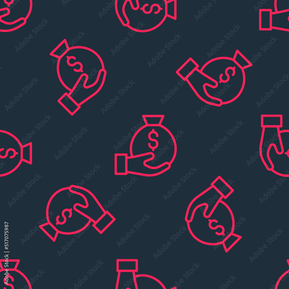 Red line Money bag icon isolated seamless pattern on black background. Dollar or USD symbol. Cash Banking currency sign. Vector Red line Money bag icon isolated seamless pattern on black background. Dollar or USD symbol. Cash Banking currency sign. Vector