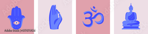 Aroma candles, buddha, Om on the background of a lotus. Yoga icons. Relaxing environment. Cartoon flat style. Concept of meditation. Healthy lifestyle. Instagram Highlights covers. Boho style.