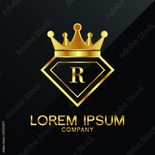 Gold Diamond and Crown R Letter Logo Design vector Template