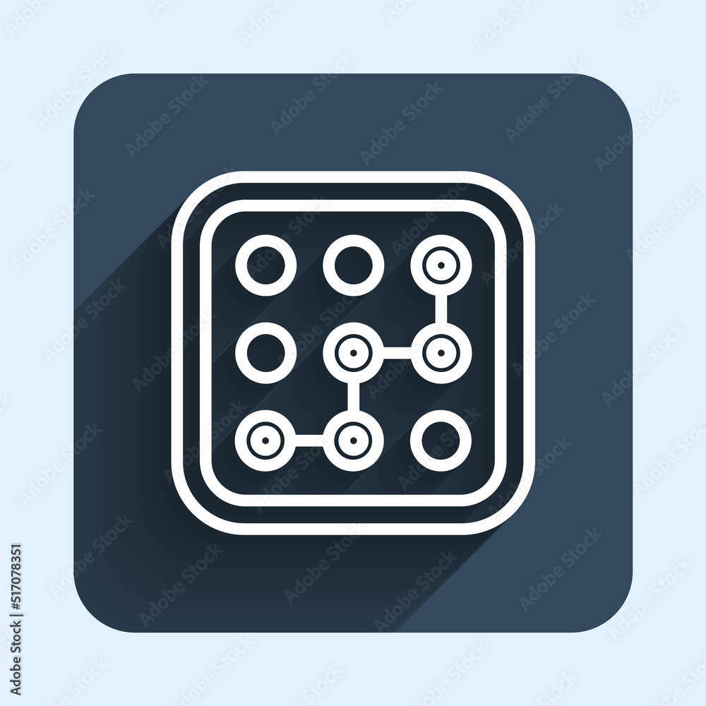 White line Graphic password protection and safety access icon isolated with long shadow background. Security, safety, protection, privacy concept. Blue square button. Vector White line Graphic password protection and safety access icon isolated with long shadow background. Security, safety, protection, privacy concept. Blue square button. Vector