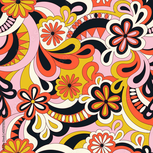 Psychedelic hippie seamless pattern. Vector nostalgic retro 60s groovy print. Vintage 70s wavy background. Textile and surface design with old fashioned hand drawn abstract floralel ements