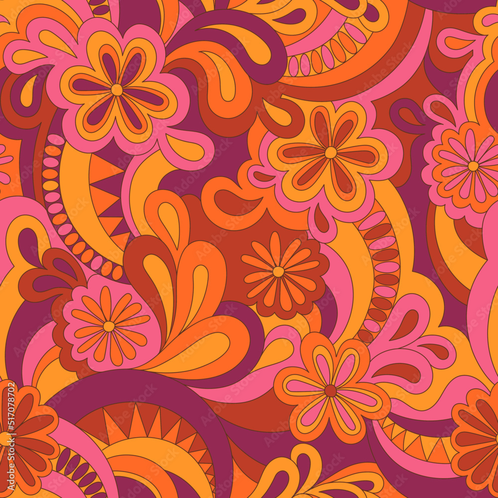 Psychedelic hippie seamless pattern. Vector nostalgic retro 60s groovy print. Vintage 70s wavy background. Textile and surface design with old fashioned hand drawn abstract floralel ements