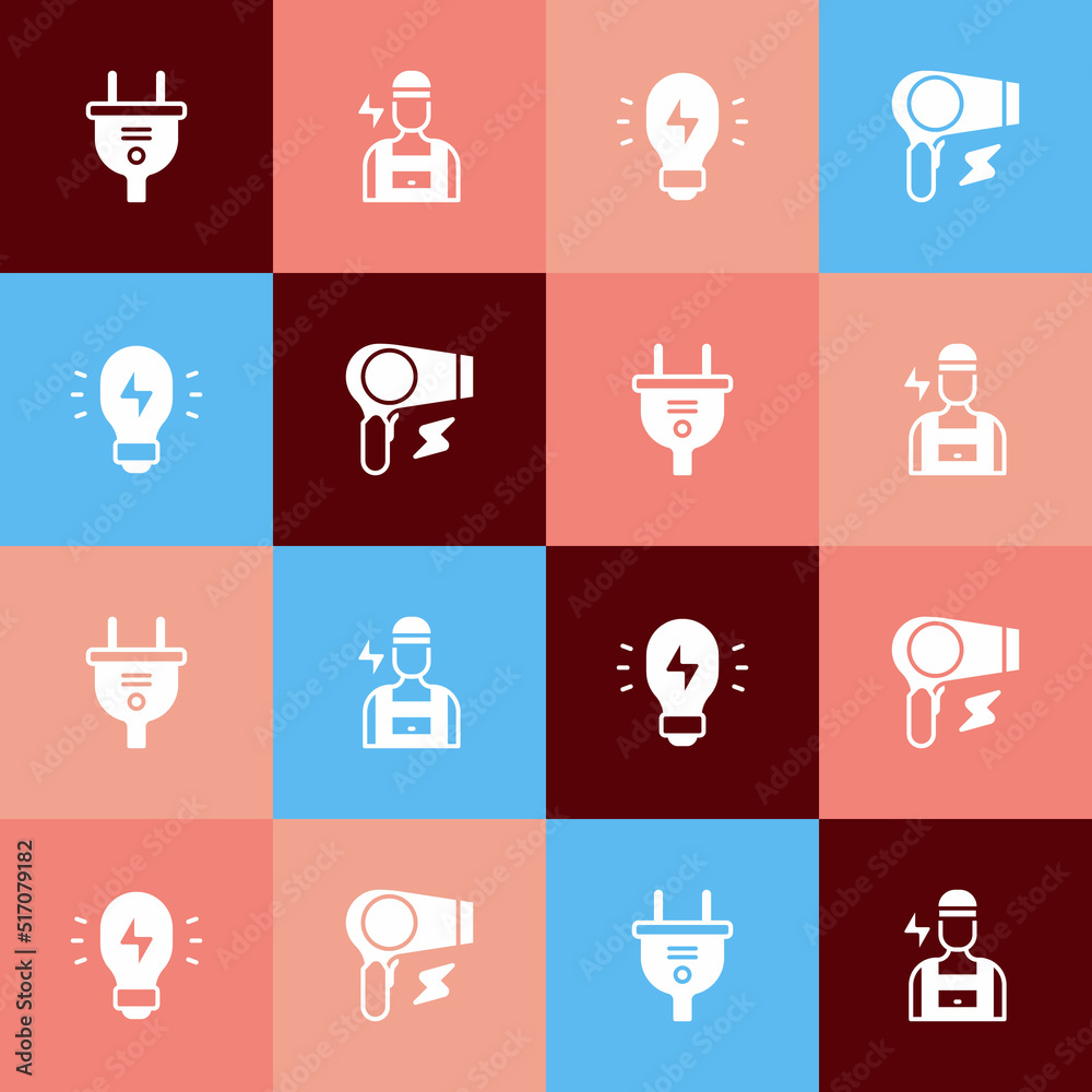 Set pop art Electric plug, Electrician, Creative lamp light idea and Hair dryer icon. Vector