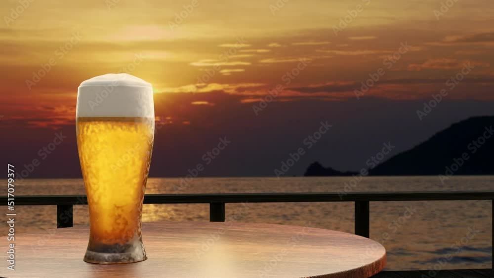 Draft beer or craft beer in tall glass with foam, placed on a wooden table on the balcony or terrace by the sea. Ocean views. The sun is rising in the morning. 3D rendering.