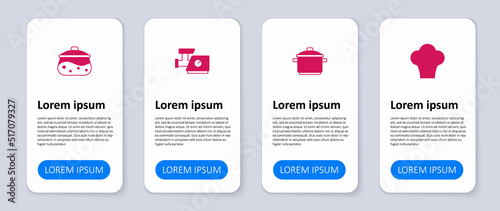 Set Chef hat, Cooking pot, Kitchen meat grinder and . Business infographic template. Vector