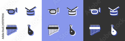Set Bandura, Trumpet, Pan flute and Drum with drum sticks icon. Vector