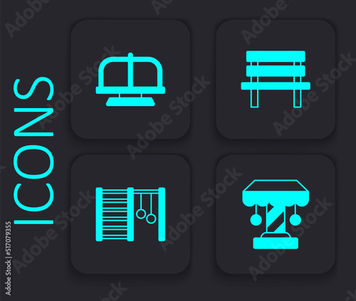 Set Attraction carousel, Bench and Swedish wall icon. Black square button. Vector