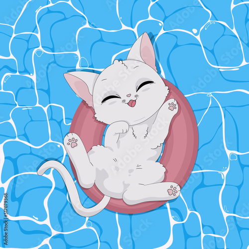 Biały kot bawiący się w wodzie, pływający w różowym dmuchanym kole. Kotek w basenie. Ręcznie rysowany uroczy mały kot na wakacjach. Letnia wektorowa ilustracja.