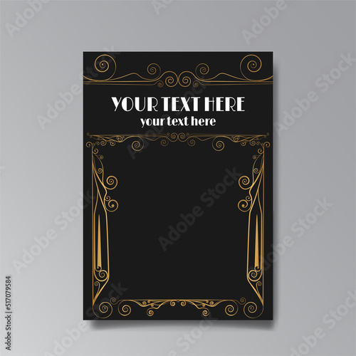 Art Nuevo template golden-black white, A4 page, card, invitation, floral lines and swirls ornament
