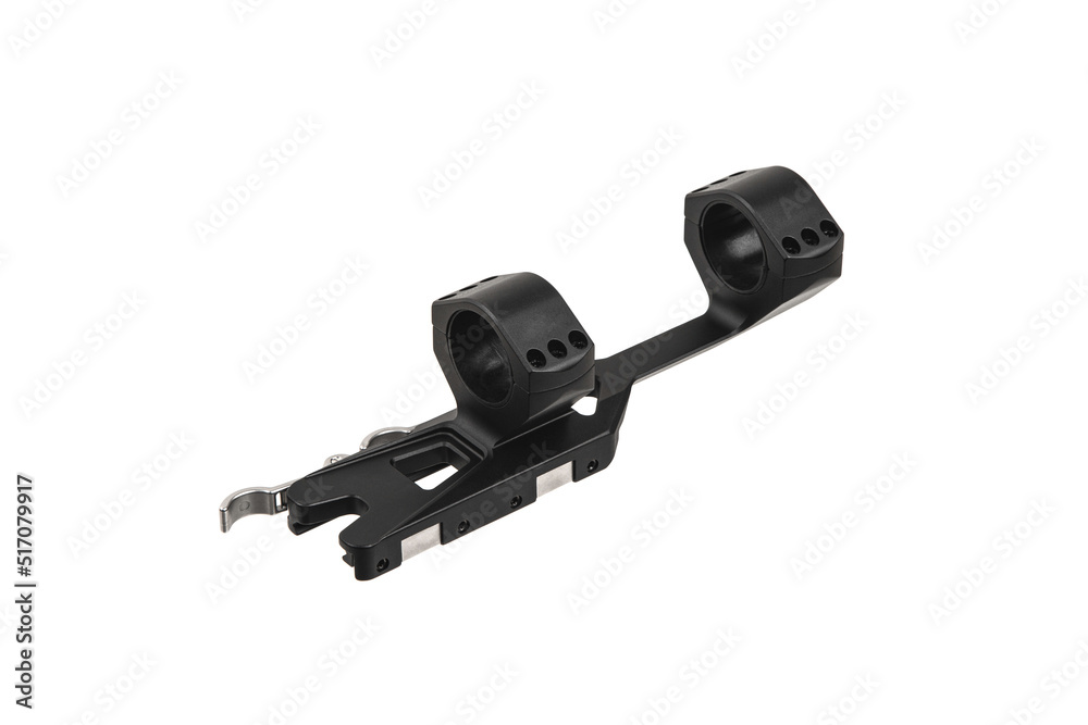 Quick disconnect mount made for holding a scope on a rifle isolated on white back. Quick Release Sniper Cantilever Scope Mount. Quick disconnect mount made for holding a scope on a rifle isolated on white back. Quick Release Sniper Cantilever Scope Mount.