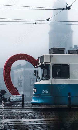Transport in the city tram in winter
