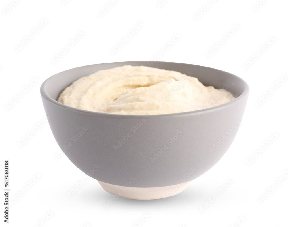 Tasty hummus in grey bowl isolated on white Tasty hummus in grey bowl isolated on white
