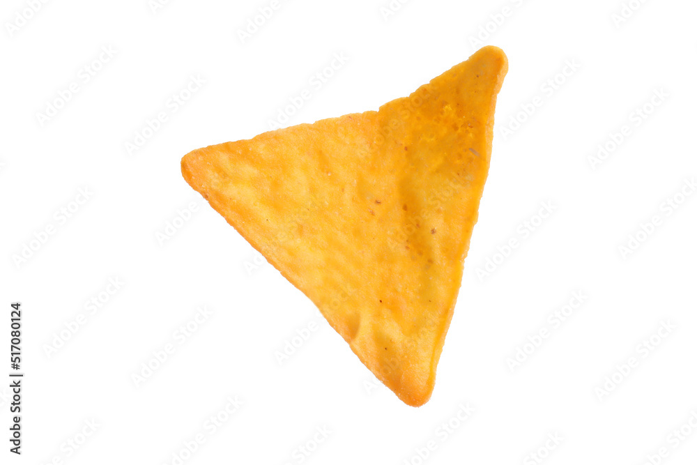 One tasty tortilla chip (nacho) on white background One tasty tortilla chip (nacho) on white background