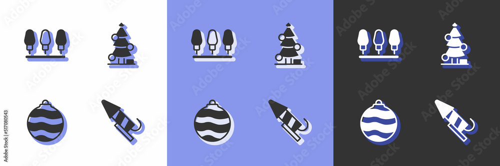 Set Firework rocket, Christmas lights, ball and tree icon. Vector Set Firework rocket, Christmas lights, ball and tree icon. Vector