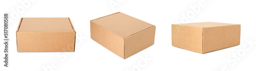 Set with cardboard boxes on white background. Banner design